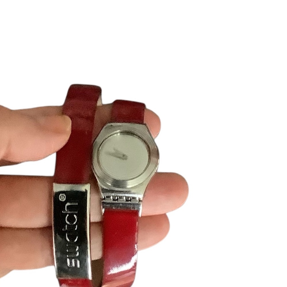 Vintage Swatch Red and Silver Watch with Wrap-around Leather Strap